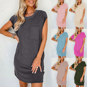 Vestido Casual de Verano 2026, Transpirable, con Rayas Trenzadas, Manga Corta, Tipo Camiseta, con Bolsillo - Product Image 4