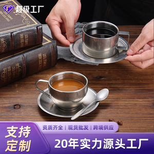 Japanese Industrial Style Stainless Steel Coffee Cup Saucer Spoon Set Matte Finish Home Use Durable 304 Steel Set - Product Image 3