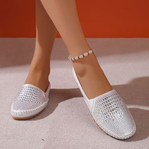 2026 White &Rose Gold Rhinestone Mule Ladies Slippers,Comfortable Flat Open Back Loafers, Slip-on Casual <b>Shoes</b> - Product Image 2