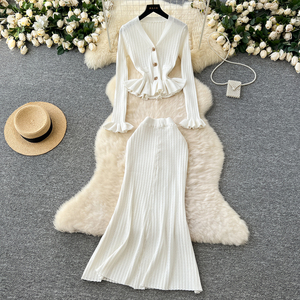 Lw1005 2025 Mới Thiết Lập Phụ Nữ Tiên Tiến Cảm Giác Eo Đóng Lá Sen Dưới Đan Cardigan Gói Hip Váy 2 Mảnh Phụ Nữ Ăn Mặc - Product Image 2