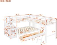 Lit superposé triple moderne en bois massif en forme de L avec escalier de rangement et tiroir coulissant, double sur double, pour chambre d'enfants de 6 ans et plus