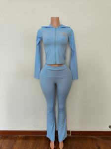 2025 personalizzato inverno in tinta unita ricamato abbigliamento lungo completo giacca con Zip pieghevole pantaloni svasati donna 2 pezzi Casual Set Yoga Loungewear - Product Image 4