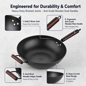 Wok de Acero al Carbono sin Recubrimiento, Sartén Tradicional China para Saltear, Resistente, con Mango de Madera y Asa Auxiliar para Todo Tipo de Estufas - Product Image 5