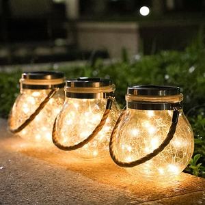 Lámpara Solar para Exteriores, Lámpara Colgante LED para Frascos de Vidrio, Lámpara Solar para Jardín con Frascos de Vidrio Agrietado, Luces Colgantes con Cuerda de Cáñamo - Product Image 1