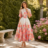 Robe mi-longue à col montant en dentelle florale vintage de style français avec fente élégante, écologique et à séchage rapide
