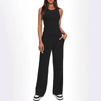 Ensemble décontracté printemps-été pour femme : haut court sans manches en polyester tricoté de couleur unie à col rond et pantalon large taille haute