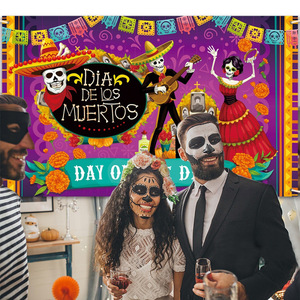 LINDOJUNI Decoración para Fiesta del Día <span class=keywords><strong>de</strong></span> <span class=keywords><strong>Muertos</strong></span> Mexicana, Fondo con Diseño <span class=keywords><strong>de</strong></span> Calaveras, Tela Decorativa para Fiestas - Product Image 4