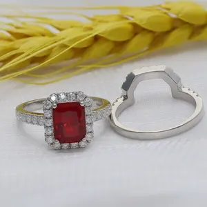 3CT Lab Grown Ruby with Mossanite Ring Set 925 Sterling Silver Women Engagement Ring