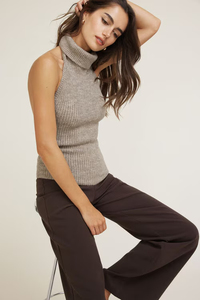 Débardeur d'été décontracté pour femme, sans manches, <span class=keywords><strong>col</strong></span> <span class=keywords><strong>montant</strong></span>, en maille côtelée, avec logo frontal, <span class=keywords><strong>beige</strong></span> chiné, ajusté, dos ouvert - Product Image 3
