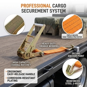 Sangle <span class=keywords><strong>d</strong></span>'<span class=keywords><strong>arrimage</strong></span> à cliquet de qualité industrielle certifiée GS, 3 pouces, 10 tonnes, en polyester haute résistance pour le maintien des charges sur camions à plateau - Product Image 1