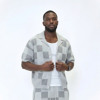 Chemise à carreaux en tricot crocheté - Gris, manches courtes, jersey de coton, logo personnalisé, maille ajourée, crocheté, respirant, pull pour homme