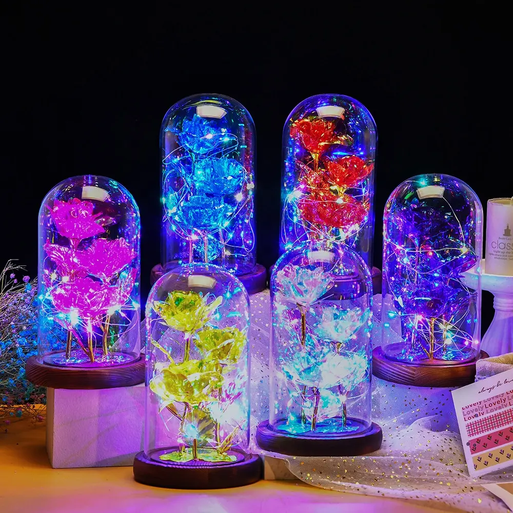 LEDライト3保存された造花24kフォイルゴールドステムギャラクシーローズガラスドームのバレンタイン母の日ウェディングギフトボックス