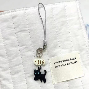 Porte-clés chat noir mignon, chaîne de téléphone portable dessin animé, pendentif pour écouteurs/appareil photo, chaîne décorative pour sac, porte-clés Kawaii, accessoires Y2K - Product Image 2