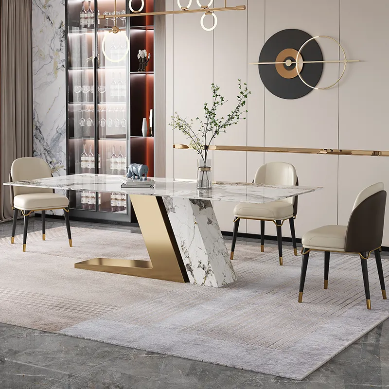 Juegos de muebles de Metal de fábrica, mesa de comedor de acero inoxidable dorada, conjunto de mesa de comedor de mármol, mesa de comedor moderna con 10 asientos