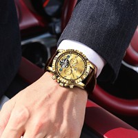 Montre mécanique automatique de luxe Poedagar 1418 pour homme, dorée, en cuir, avec tourbillon ajouré, étanche et lumineuse