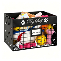 Panier de rangement en métal pour jouets de chien avec poignée, étiquette personnalisée avec le nom de l'animal, bac de rangement en fil métallique pour jouets de chien, vêtements, fournitures pour animaux de compagnie