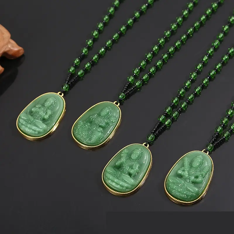 Wholesale Buddha Jewelry Multicolor Religious Custom String Beads Chain Green Guanyin Pendant Buddha Necklace
