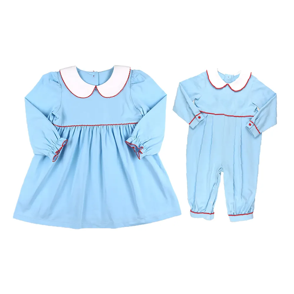 2024 Spring long sleeve ric-rac trim collar kids toddler girls dresses clothing ruffled matching siblings outfits baby clothes