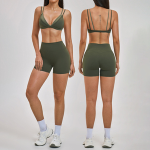 FH Factory Custom Logo Women's 2 Piece Yoga Set Racerback Sports Bra High Waist Biker Shorts Workout Activewear