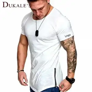 Dukale's Men Curved Raw Hem tshirt Scoop 넥 슬림 반소매 지퍼 힙 스터 길이 곡선 스플릿 헴 티 티셔츠 지퍼