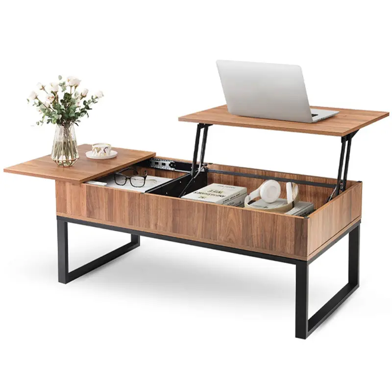औद्योगिक आधुनिक नॉर्डिक बहुक्रिया लकड़ी धातु समायोज्य आयत लिफ्ट अप शीर्ष लकड़ी केंद्र चाय कॉफी टेबल के साथ भंडारण