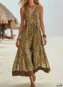 Abito Lungo Vintage Boho da Donna, Stampa Leopardata <span class=keywords><strong>Rosa</strong></span>, Scollo a V, Senza Maniche, Bordo Geometrico Etnico, Fluido, Moda all'Ingrosso Canada USA - Product Image 4