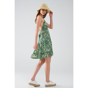 Abito Corto Verde Stile Boho in Raso con Stampa Floreale - Product Image 2