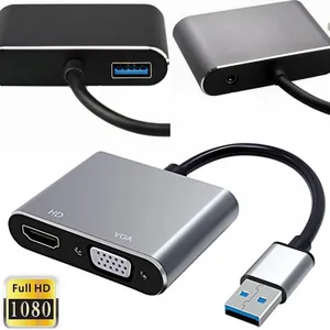 Kabel adaptor konverter Video USB 3.0 ke HDMI, layar Output Ganda USB 3.5 ke HDMI VGA dengan Audio / USB OTG Multi tampilan grafis 1080p HD
