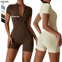 Vente en gros Vêtements de sport Barboteuse de yoga une pièce avec fermeture éclair Short de fitness à manches courtes Combinaison pour femmes