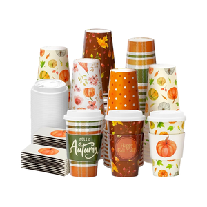 Tasses à café jetables 16 oz biodégradables sur le thème de l'automne Couvercles à encliqueter Citrouille Épice Latte pour Halloween Thanksgiving Automne - Product Image 1