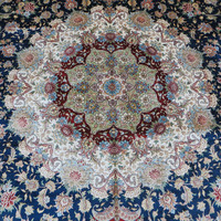 Achetez des tapis et carpettes persans en soie 100% Senneth Ghiordes Knot 9x12 bleu grand format, faits à la main, noués à la main, en ligne