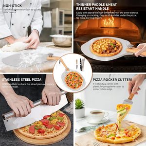 Ensemble de pelle à pizza en aluminium avec spatule professionnelle, manche en <span class=keywords><strong>bois</strong></span> pliable et coupe-pizza à bascule - Compatible avec les fours - Product Image 5