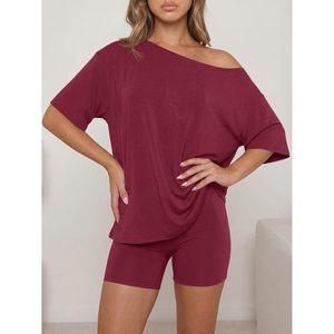 Fisoew Womens 2 Piece Lounge <b>Set</b> Oversized T Shirt Biker Shorts Summer Casual Matching Outfit Breathable <b>Knitted</b> <b>Set</b> - Product Image 5