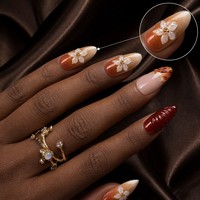 Faux Ongles Press-On Personnalisés Orange Amande, Effet Marbre Floral 3D, Texture Or Bourgogne, Gel Brillant, Vente en Gros OEM