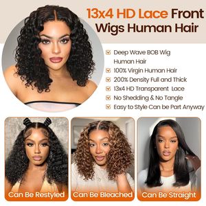 Peluca Bob de <span class=keywords><strong>Cabello</strong></span> Humano con Ondas Profundas de 14 Pulgadas, 13x4, 180% de Densidad, Peluca Corta Rizada con Frente de Encaje HD Transparente sin Pegamento para Mujeres Negras - Product Image 4