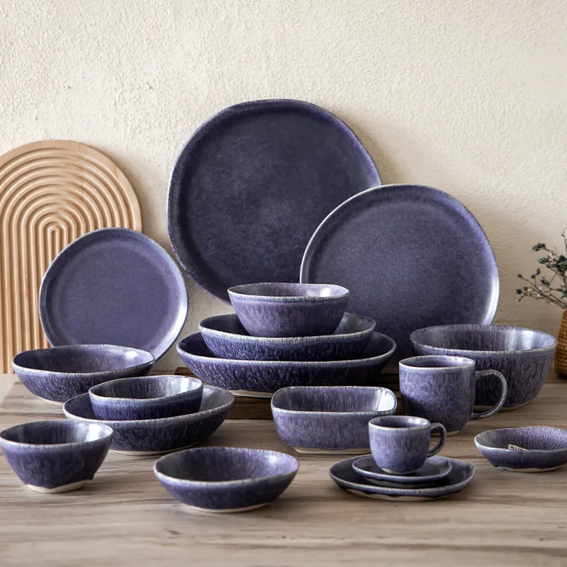 EKA Mesa decorativa 20 piezas Gres esmaltado púrpura Platos de cerámica Platos de cena Juegos de vajilla