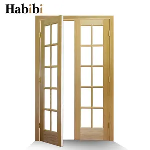 Prettywood Glass Solid Wooden Frame French Door Classic Design Patio Exterior Lattice Entry Doors Interior Solid Wood Swing