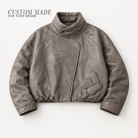 Blouson Bomber Homme Sur Mesure en Cuir Gris Marron, Coupe Courte, Taupe Délavé, Effet Vieilli, Col Montant, Applique, Patch, Fabrication OEM ODM