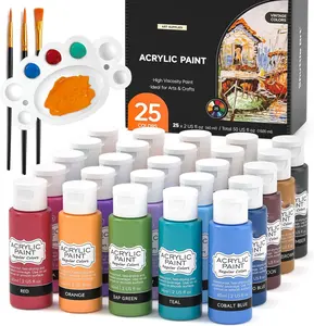 25 रंग 2 ऑउंस / 60 मिलीलीटर की बोतलें रिच पिगमेंटेड वॉटरप्रूफ प्रीमियम शुरुआती कलाकारों, बच्चों, वयस्कों के लिए कैनवास सिरेमिक ऐक्रेलिक पेंट सेट