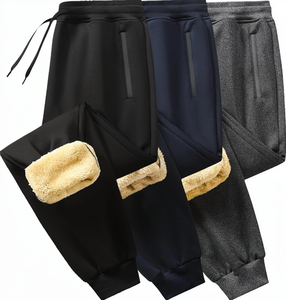 Pantalones deportivos casuales de invierno para hombre, cortavientos, de punto, gruesos, de forro polar Sherpa, joggers de cintura media con cordón y frente plano de lana. - Product Image 1