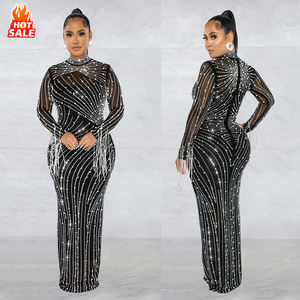 セクシーな薄毛メッシュ長袖ラインストーンパーティードレスフリンジイブニングウェディングドレスボディスーツ付き - Product Image 1