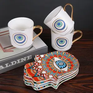 Custom Arabic Luxury Ceramic Coffee Tea Cup Sets with Saucers Gift Box Real Gold handle Reusable Porcelain Cup and Saucers Set