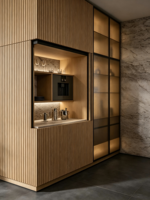 Meuble de chambre d'hôtel moderne en bois à usage commercial avec plateau en marbre, machine à café intégrée, design de porte en dalle et compartiment de rangement.