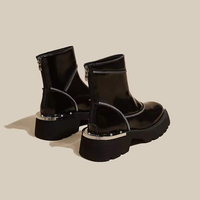 Bottes mi-mollet en microfibre pour femme, style punk Martin, avec fermeture éclair argentée, plaque métallique, semelle en caoutchouc épaisse de 3-5 cm, toutes saisons