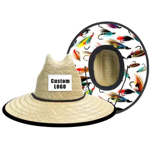 Vente en gros unisexe sombreros de paja Logo personnalisé homme large bord Rush tapis creux herbe sauveteur plage chapeau de paille pour le surf