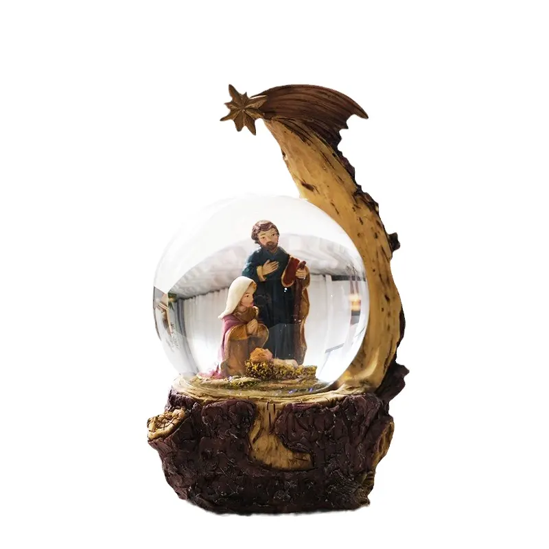 Custom Resin craft water globe musical box Christmas Decoration buddha festival Gift Holy Family Nativity led light Snow Globe