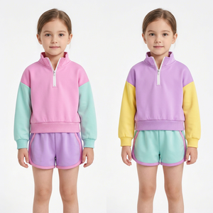 Conjunto de Sudadera y Pantalones Cortos para Niñas, Diseño Color Block, Manga Larga, 2 Piezas, Ropa Casual de Otoño - Product Image 1