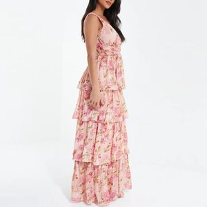 เดรสยาวทรงเอสำหรับฤดูร้อน ผู้หญิง แขนกุด ผ้าทอ ลายดอกพิมพ์ดิจิทัล คอวี เปิดไหล่ โชว์หลัง สไตล์ลำลอง เอวสูง - Product Image 3