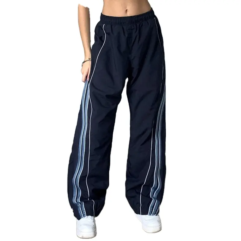 Yüksek kaliteli Streetwear dokuma elastik bel çizgili pantolon kadın programı kargo pantolon toptan geniş bacak pantolon