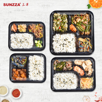 Sunzza Boîte Repas Jetable en Plastique PP Transparent, Noire, Compatible Micro-Ondes, Emballage Alimentaire à Emporter, Contenants Type Bento avec Couvercles